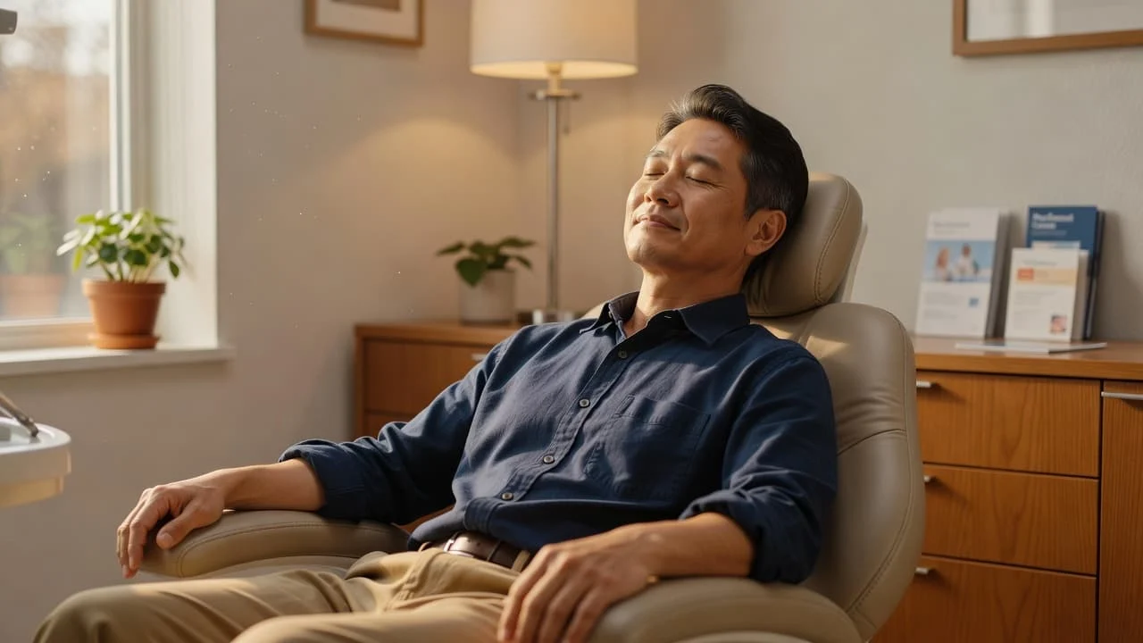 A calm patient sits comfortably in a reclining dental chair during a professional checkup. Soft natural sunlight streams through a nearby window, creating a peaceful and welcoming clinical atmosphere throughout.