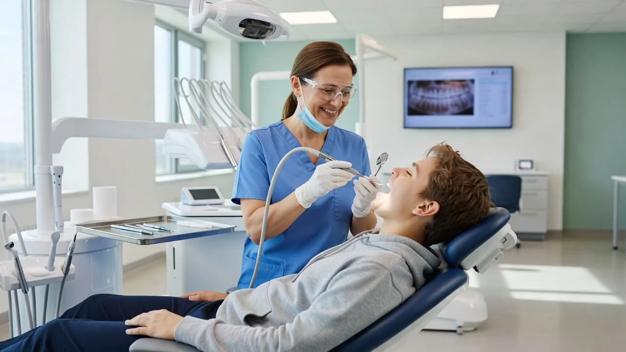 A friendly dental professional performing a cleaning for a patient in a modern office.