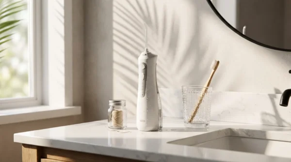 Water flosser, string floss and toothbrush on a bathroom counter